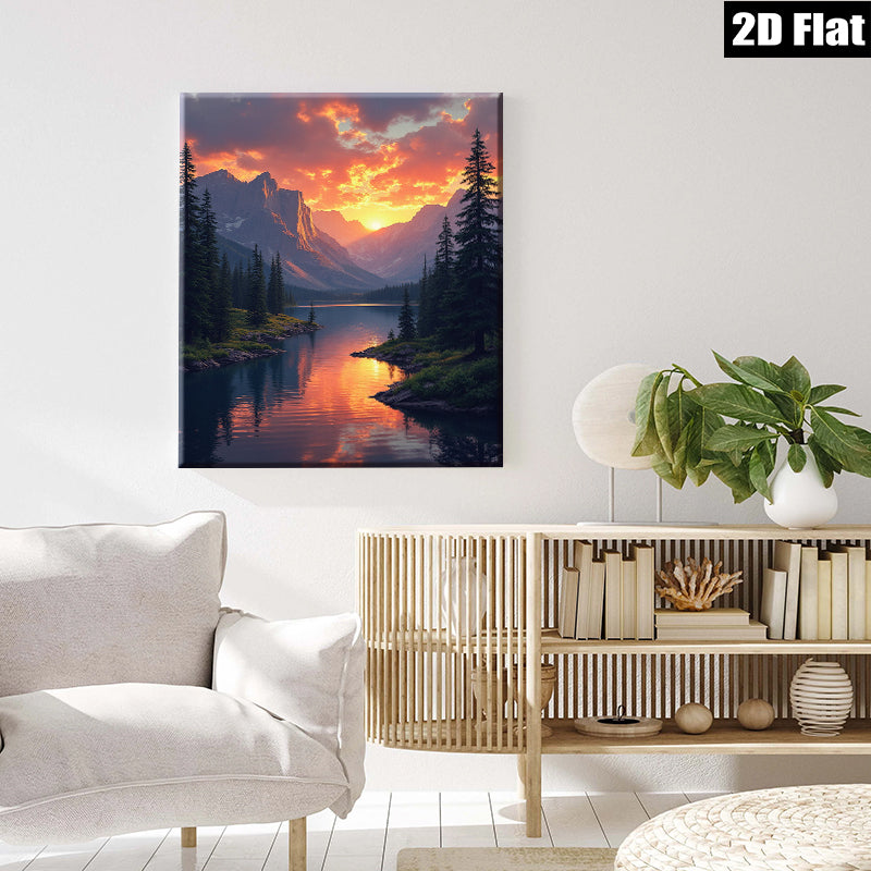 2D flat 1pc Majestic Mountain Lake Sunset Wall Art Canvas Prints for Living Room Bedroom Home Decor Modern Farmhouse Rustic Gallery Wrapped Ready to Hang