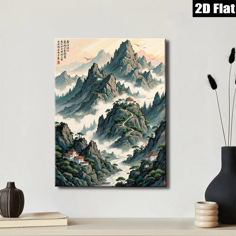 2D flat 1pc Majestic Mountain Landscape Serene Asian Wall Art Decor Living Room Bedroom Office Gallery Wrapped Canvas Prints Modern Farmhouse Style Home Decorations
