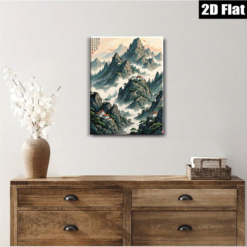 2D flat 1pc Majestic Mountain Landscape Serene Asian Wall Art Decor Living Room Bedroom Office Gallery Wrapped Canvas Prints Modern Farmhouse Style Home Decorations