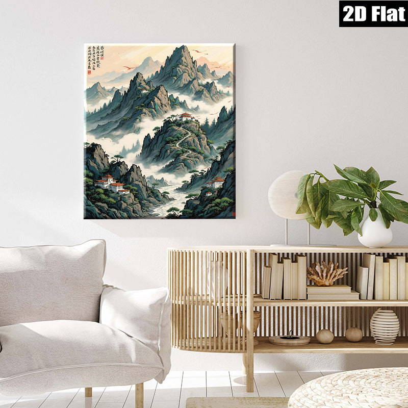 2D flat 1pc Majestic Mountain Landscape Serene Asian Wall Art Decor Living Room Bedroom Office Gallery Wrapped Canvas Prints Modern Farmhouse Style Home Decorations
