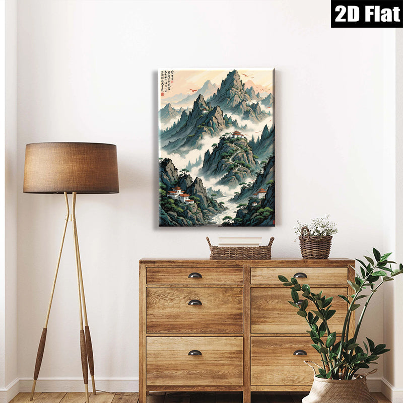 2D flat 1pc Majestic Mountain Landscape Serene Asian Wall Art Decor Living Room Bedroom Office Gallery Wrapped Canvas Prints Modern Farmhouse Style Home Decorations