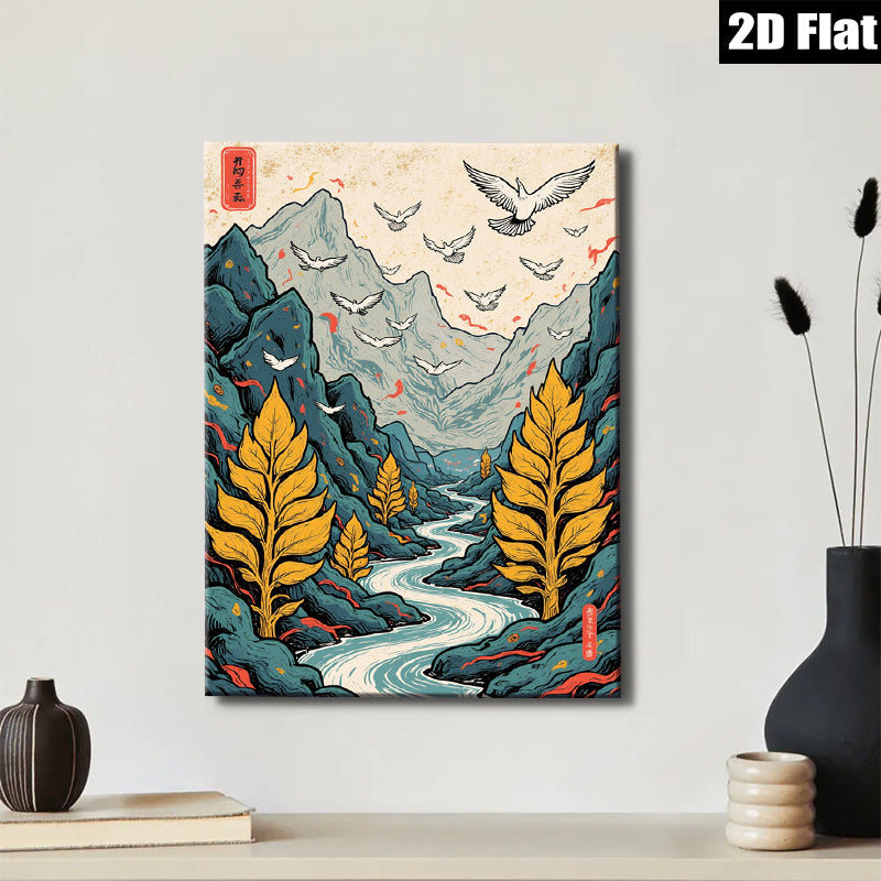 2D flat 1pc Majestic Mountain River Landscape Wall Art Decor for Living Room Bedroom Office Gallery Wrapped Canvas Prints Modern Farmhouse Aesthetic Cozy Vibes Home Décor