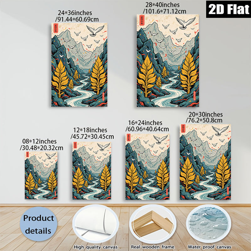 2D flat 1pc Majestic Mountain River Landscape Wall Art Decor for Living Room Bedroom Office Gallery Wrapped Canvas Prints Modern Farmhouse Aesthetic Cozy Vibes Home Décor