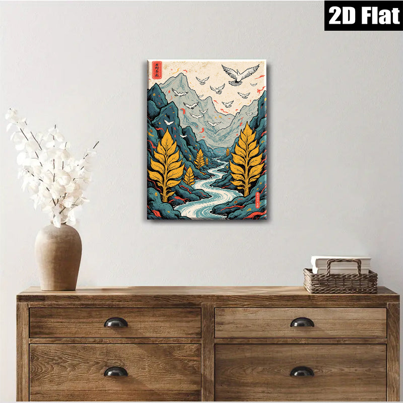 2D flat 1pc Majestic Mountain River Landscape Wall Art Decor for Living Room Bedroom Office Gallery Wrapped Canvas Prints Modern Farmhouse Aesthetic Cozy Vibes Home Décor