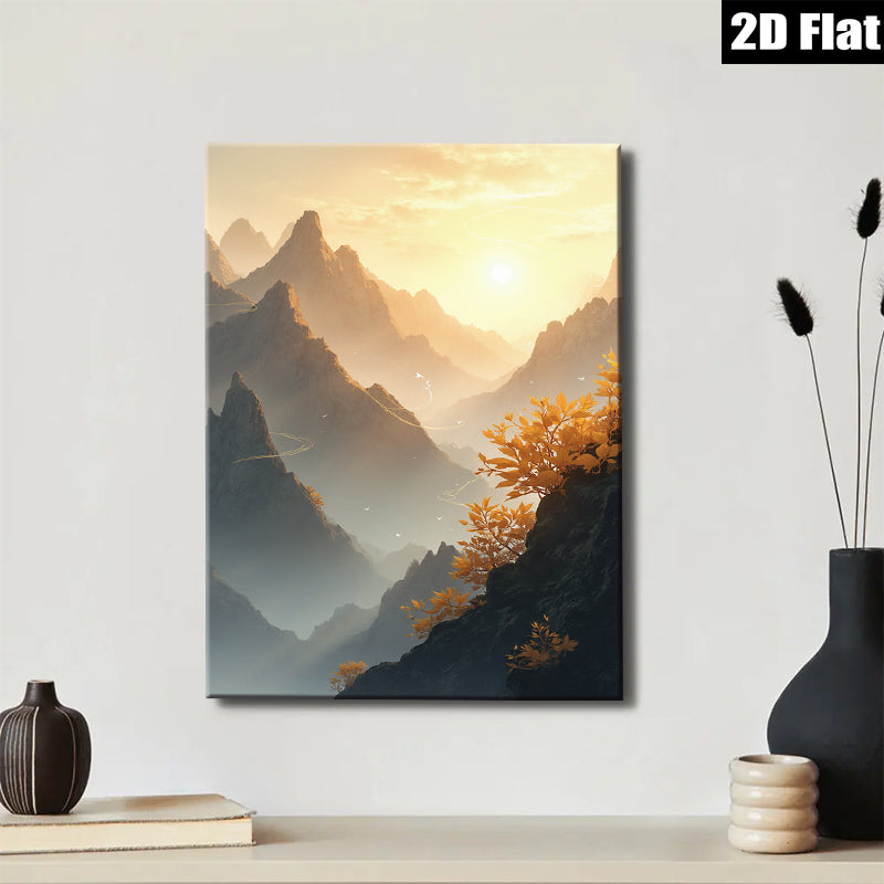 2D flat 1pc Majestic Mountain Vista Golden Hour Landscape Wall Art Decor Living Room Bedroom Modern Farmhouse Gallery Wrapped Canvas Prints Coastal Aesthetic