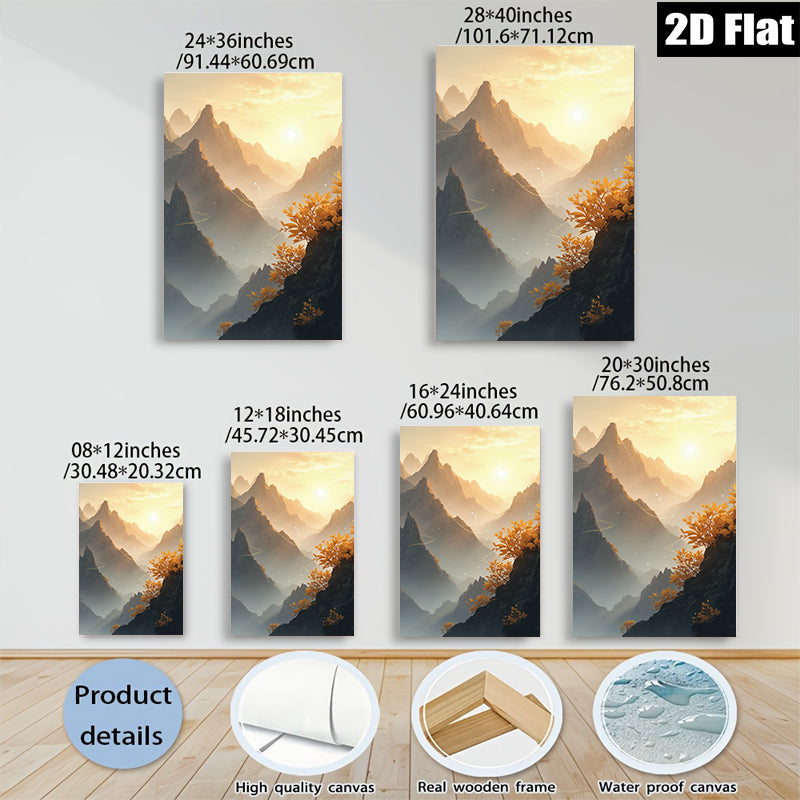 2D flat 1pc Majestic Mountain Vista Golden Hour Landscape Wall Art Decor Living Room Bedroom Modern Farmhouse Gallery Wrapped Canvas Prints Coastal Aesthetic