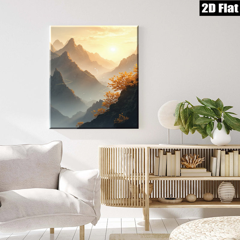 2D flat 1pc Majestic Mountain Vista Golden Hour Landscape Wall Art Decor Living Room Bedroom Modern Farmhouse Gallery Wrapped Canvas Prints Coastal Aesthetic