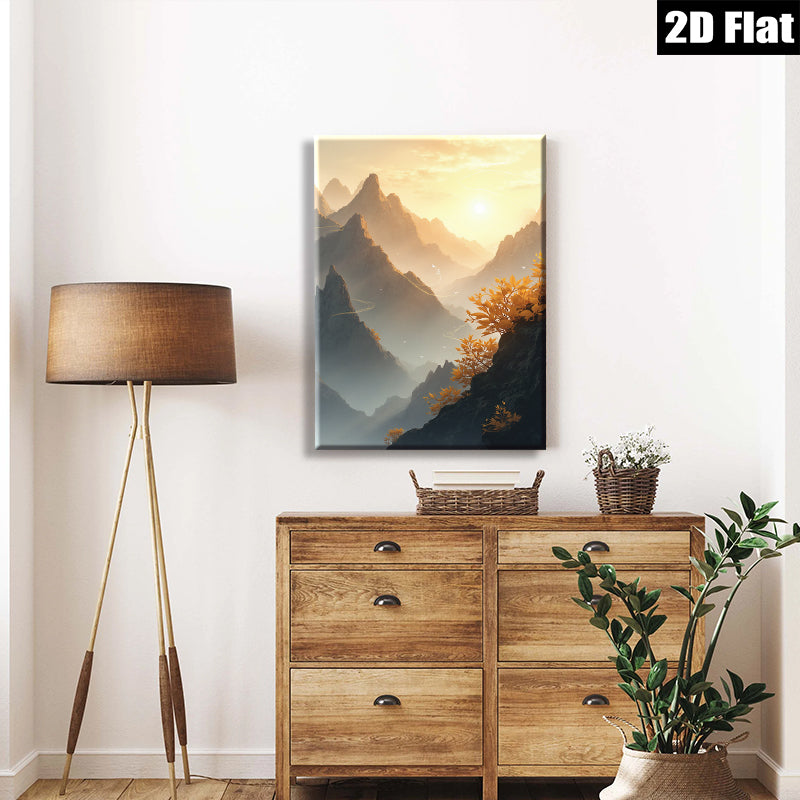 2D flat 1pc Majestic Mountain Vista Golden Hour Landscape Wall Art Decor Living Room Bedroom Modern Farmhouse Gallery Wrapped Canvas Prints Coastal Aesthetic