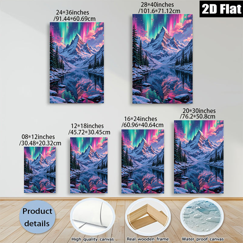 2D flat 1pc Majestic Northern Lights Reflecting Snowcapped Mountains Wall Art Living Room Bedroom Decor Home Office Canvas Prints Gallery Wrapped Ready To Hang Modern Farmhouse Style