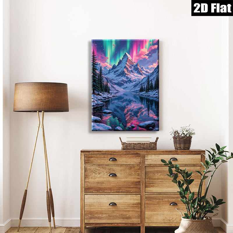 2D flat 1pc Majestic Northern Lights Reflecting Snowcapped Mountains Wall Art Living Room Bedroom Decor Home Office Canvas Prints Gallery Wrapped Ready To Hang Modern Farmhouse Style