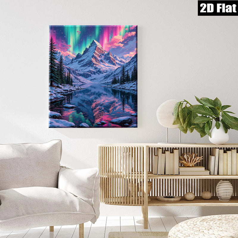 2D flat 1pc Majestic Northern Lights Reflecting Snowcapped Mountains Wall Art Living Room Bedroom Decor Home Office Canvas Prints Gallery Wrapped Ready To Hang Modern Farmhouse Style