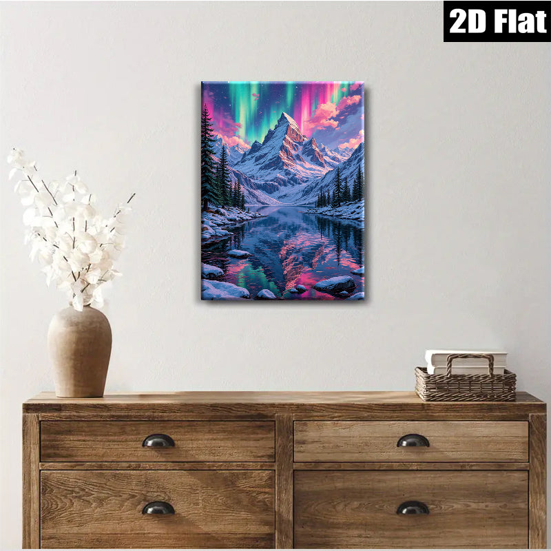 2D flat 1pc Majestic Northern Lights Reflecting Snowcapped Mountains Wall Art Living Room Bedroom Decor Home Office Canvas Prints Gallery Wrapped Ready To Hang Modern Farmhouse Style