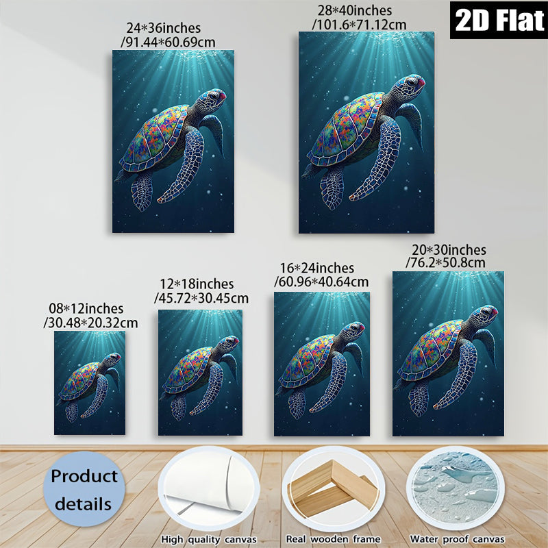 2D flat 1pc Majestic Ocean Turtle Underwater Wildlife Coastal Decor Living Room Bedroom Wall Art Canvas Prints Modern Farmhouse Aesthetic Gallery Wrapped Teal Blue