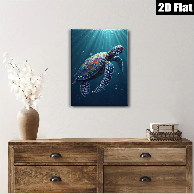 2D flat 1pc Majestic Ocean Turtle Underwater Wildlife Coastal Decor Living Room Bedroom Wall Art Canvas Prints Modern Farmhouse Aesthetic Gallery Wrapped Teal Blue
