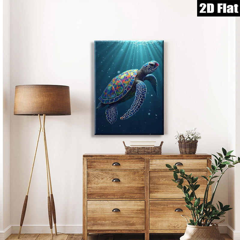 2D flat 1pc Majestic Ocean Turtle Underwater Wildlife Coastal Decor Living Room Bedroom Wall Art Canvas Prints Modern Farmhouse Aesthetic Gallery Wrapped Teal Blue