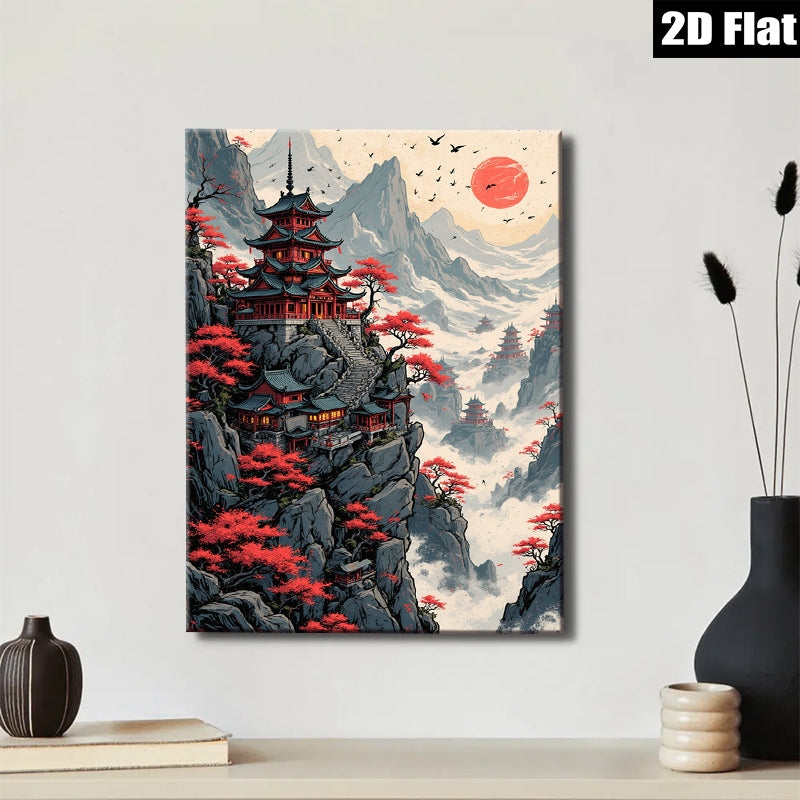 2D flat 1pc Majestic Pagoda Mountain Landscape Wall Art Canvas Prints for Living Room Bedroom Home Decor Modern Farmhouse Style Rustic Chic