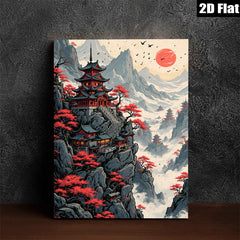 2D flat 1pc Majestic Pagoda Mountain Landscape Wall Art Canvas Prints for Living Room Bedroom Home Decor Modern Farmhouse Style Rustic Chic
