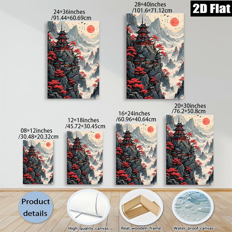 2D flat 1pc Majestic Pagoda Mountain Landscape Wall Art Canvas Prints for Living Room Bedroom Home Decor Modern Farmhouse Style Rustic Chic