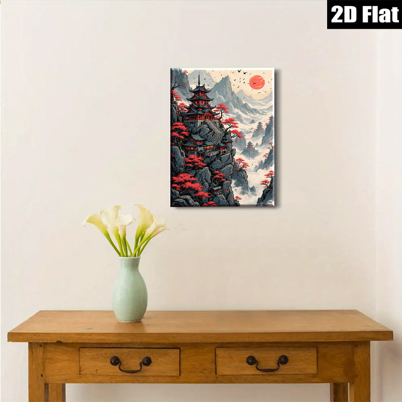 2D flat 1pc Majestic Pagoda Mountain Landscape Wall Art Canvas Prints for Living Room Bedroom Home Decor Modern Farmhouse Style Rustic Chic
