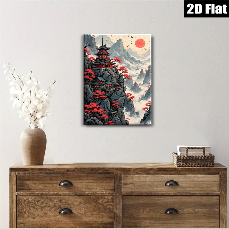 2D flat 1pc Majestic Pagoda Mountain Landscape Wall Art Canvas Prints for Living Room Bedroom Home Decor Modern Farmhouse Style Rustic Chic