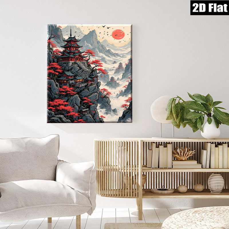 2D flat 1pc Majestic Pagoda Mountain Landscape Wall Art Canvas Prints for Living Room Bedroom Home Decor Modern Farmhouse Style Rustic Chic
