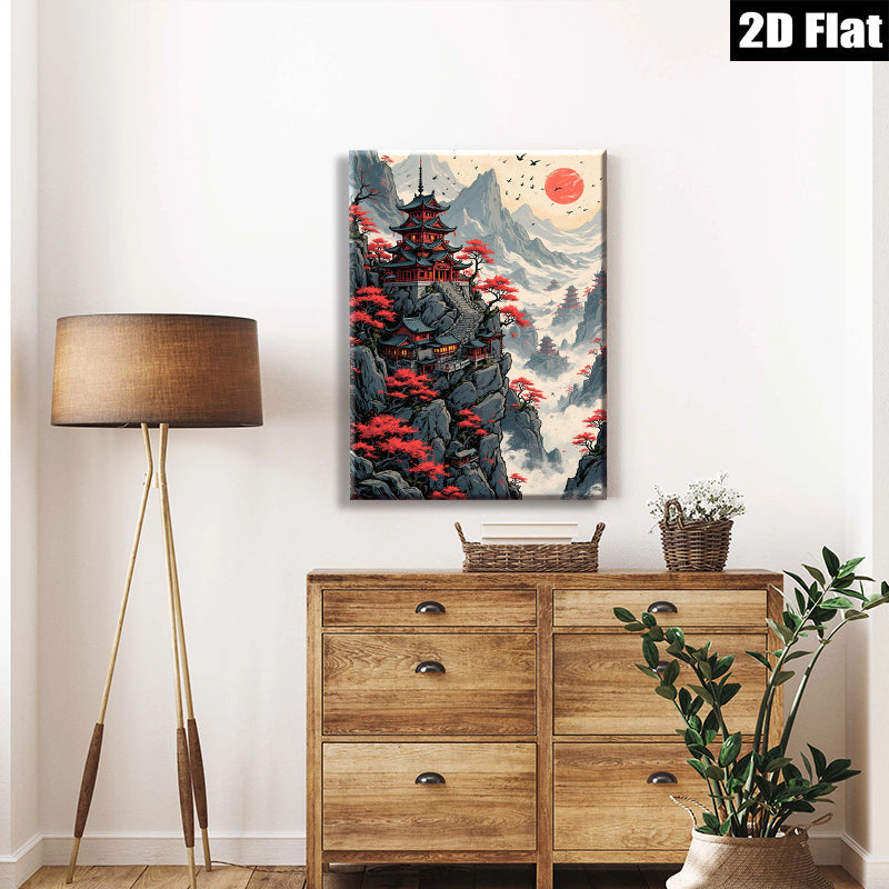 2D flat 1pc Majestic Pagoda Mountain Landscape Wall Art Canvas Prints for Living Room Bedroom Home Decor Modern Farmhouse Style Rustic Chic