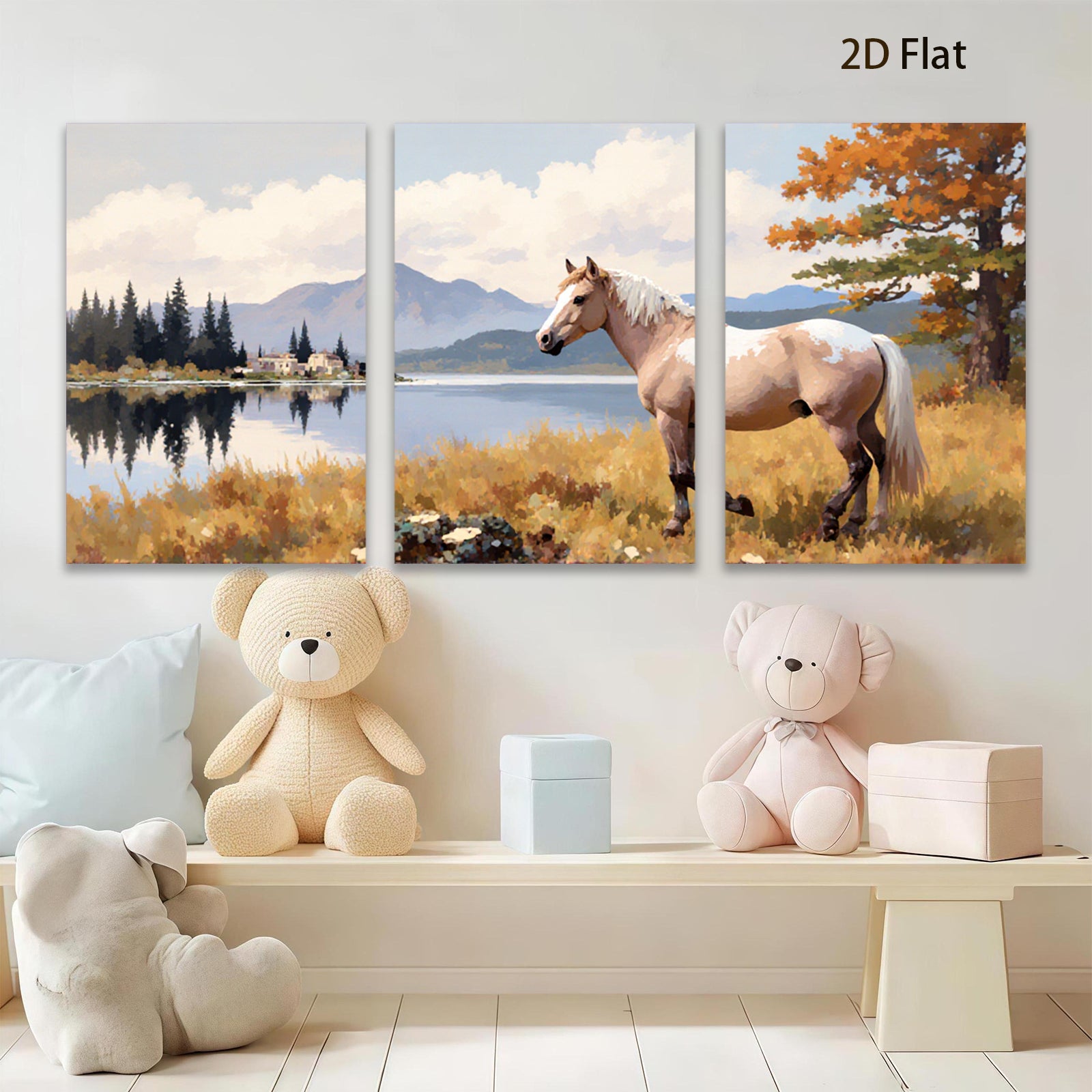 2D flat 1pc Majestic Palomino Horse Lakeside Scene Wall Art Canvas Prints for Living Room Bedroom Home Decor Farmhouse Style Modern Artwork Gallery Wrapped