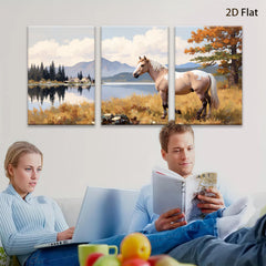 2D flat 1pc Majestic Palomino Horse Lakeside Scene Wall Art Canvas Prints for Living Room Bedroom Home Decor Farmhouse Style Modern Artwork Gallery Wrapped