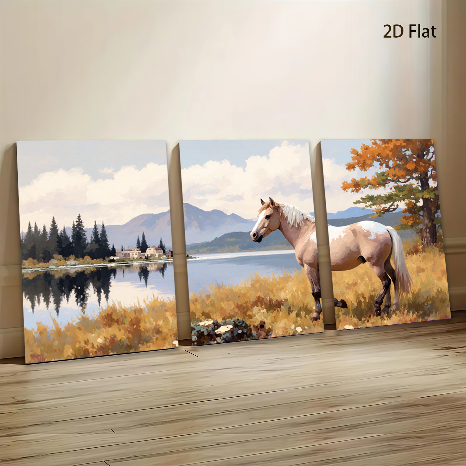 2D flat 1pc Majestic Palomino Horse Lakeside Scene Wall Art Canvas Prints for Living Room Bedroom Home Decor Farmhouse Style Modern Artwork Gallery Wrapped