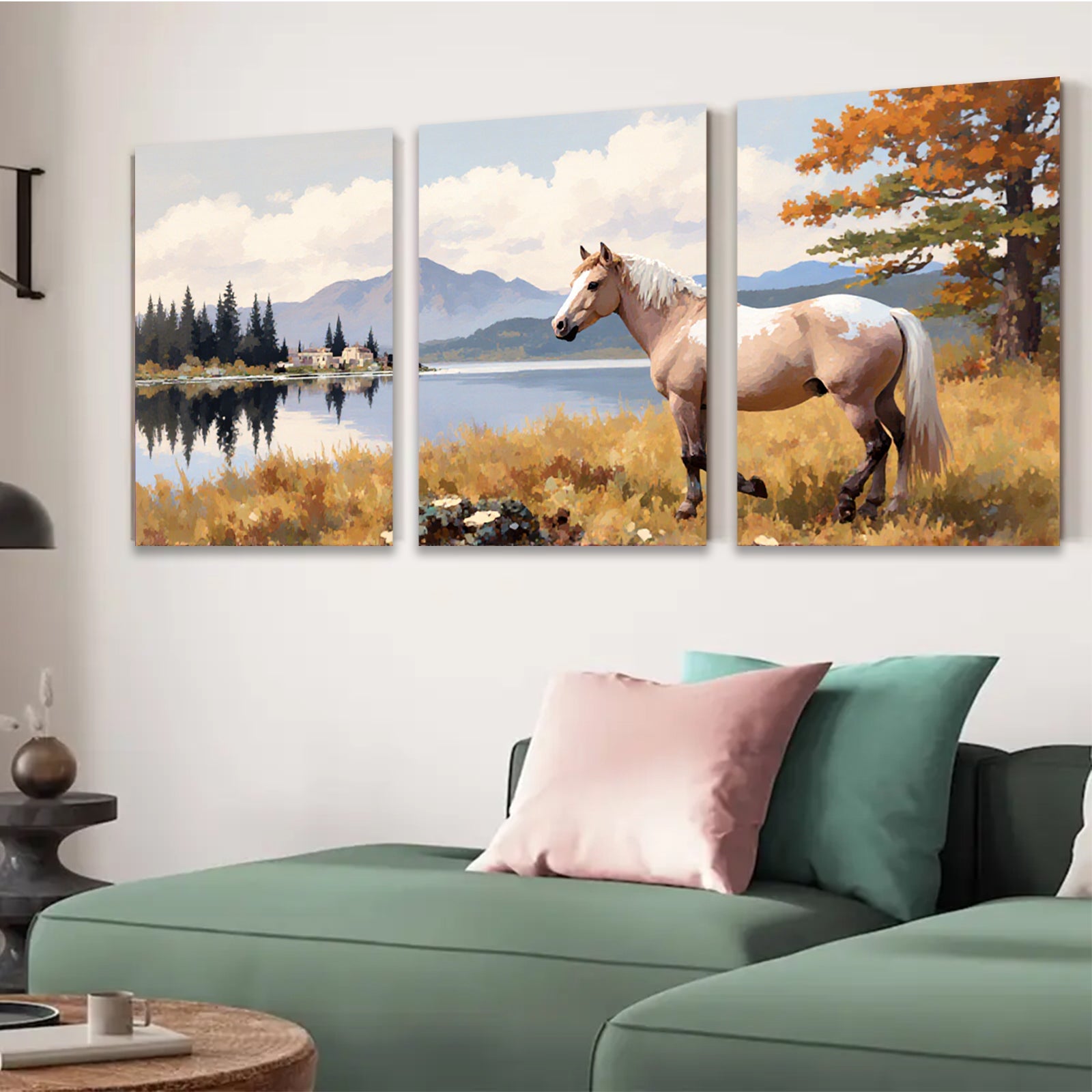 2D flat 1pc Majestic Palomino Horse Lakeside Scene Wall Art Canvas Prints for Living Room Bedroom Home Decor Farmhouse Style Modern Artwork Gallery Wrapped