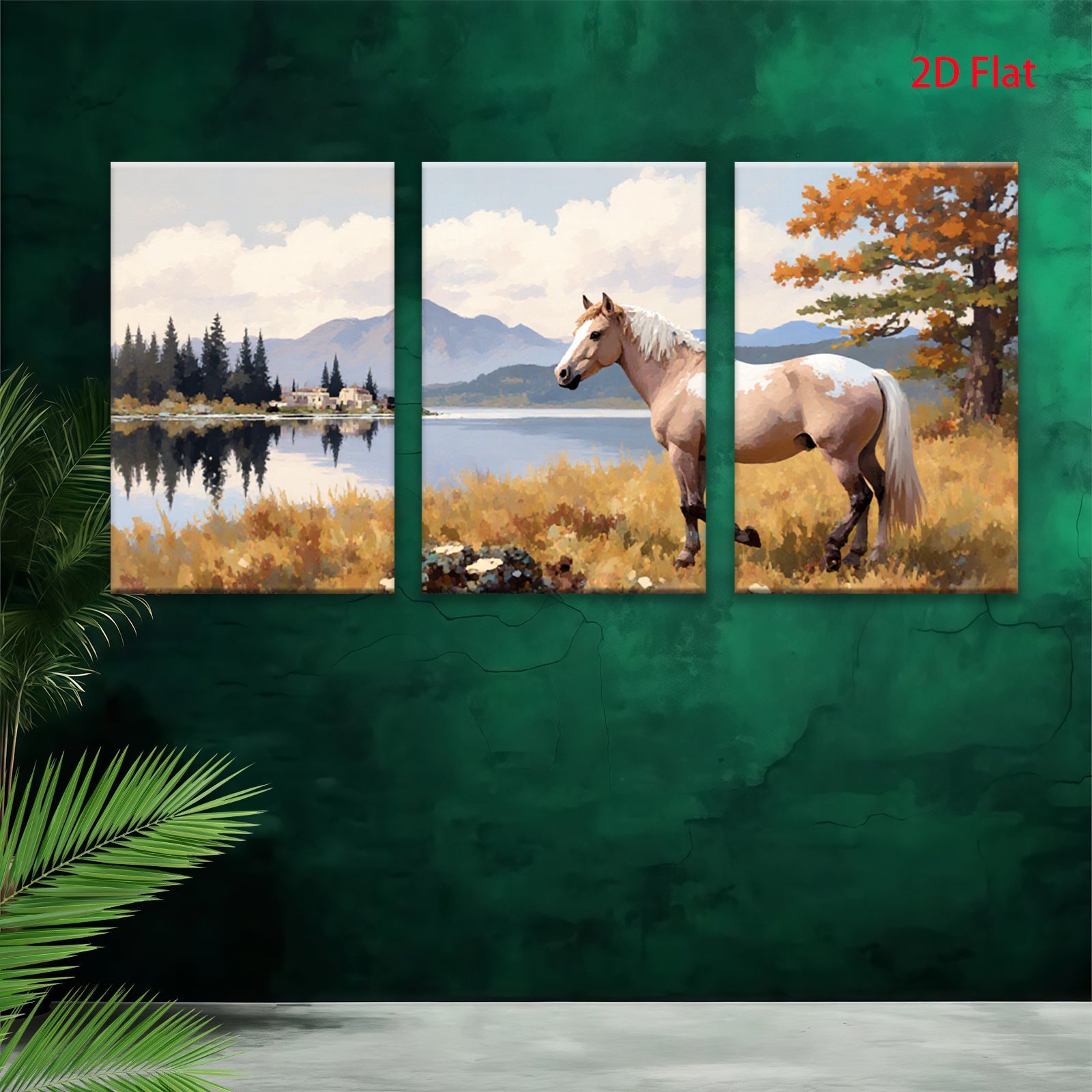 2D flat 1pc Majestic Palomino Horse Lakeside Scene Wall Art Canvas Prints for Living Room Bedroom Home Decor Farmhouse Style Modern Artwork Gallery Wrapped