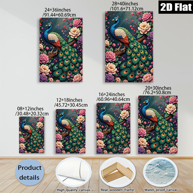 2D flat 1pc Majestic Peacock Blooms Floral Wall Art Living Room Bedroom Home Decor Gallery Wrapped Canvas Prints Ready to Hang Modern Farmhouse Style
