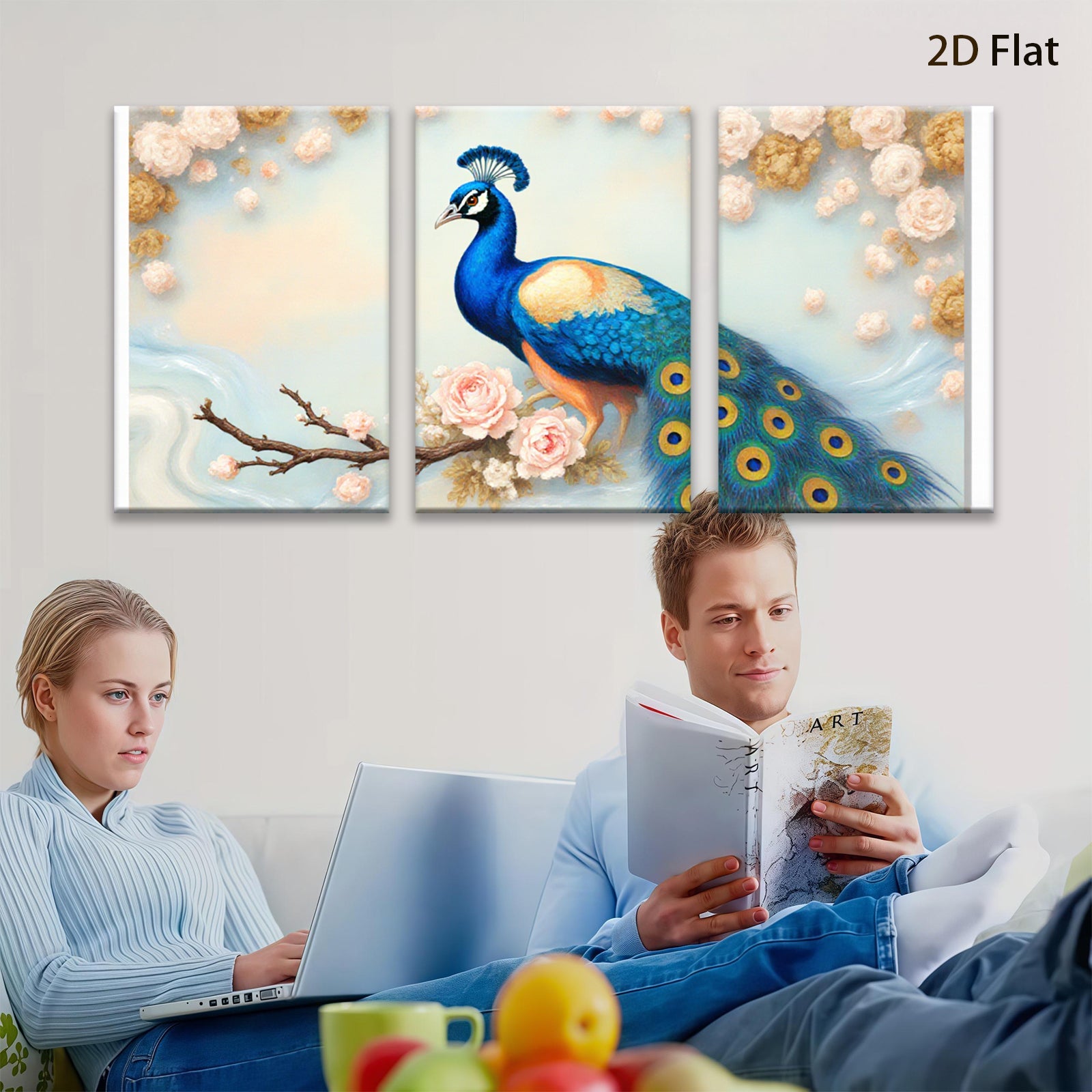2D flat 1pc Majestic Peacock Blossom Branch Wall Art Decor Living Room Bedroom Canvas Print Home Office Modern Farmhouse Style Gallery Wrapped Ready Hang Teal Blue Gold