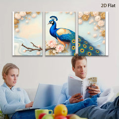 2D flat 1pc Majestic Peacock Blossom Branch Wall Art Decor Living Room Bedroom Canvas Print Home Office Modern Farmhouse Style Gallery Wrapped Ready Hang Teal Blue Gold