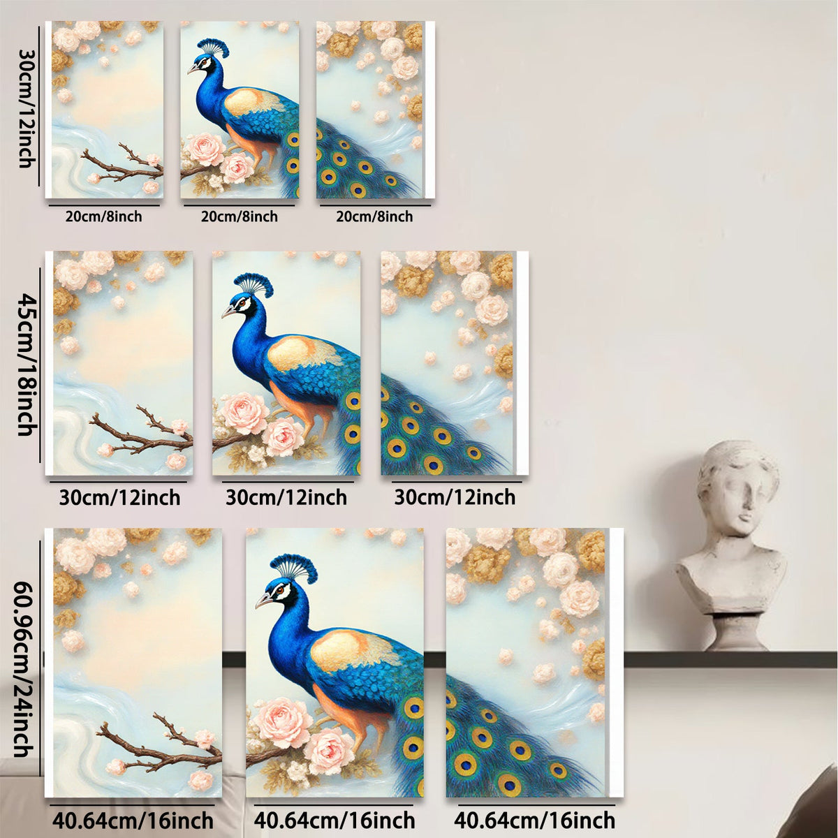 2D flat 1pc Majestic Peacock Blossom Branch Wall Art Decor Living Room Bedroom Canvas Print Home Office Modern Farmhouse Style Gallery Wrapped Ready Hang Teal Blue Gold