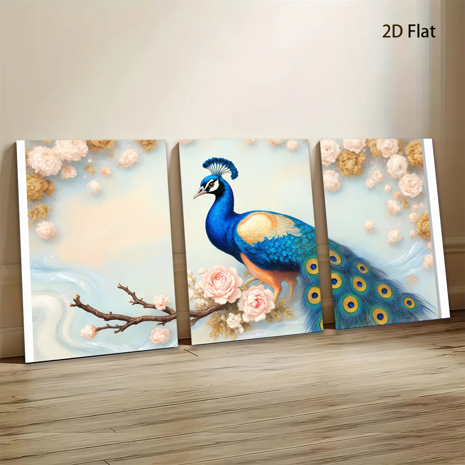 2D flat 1pc Majestic Peacock Blossom Branch Wall Art Decor Living Room Bedroom Canvas Print Home Office Modern Farmhouse Style Gallery Wrapped Ready Hang Teal Blue Gold