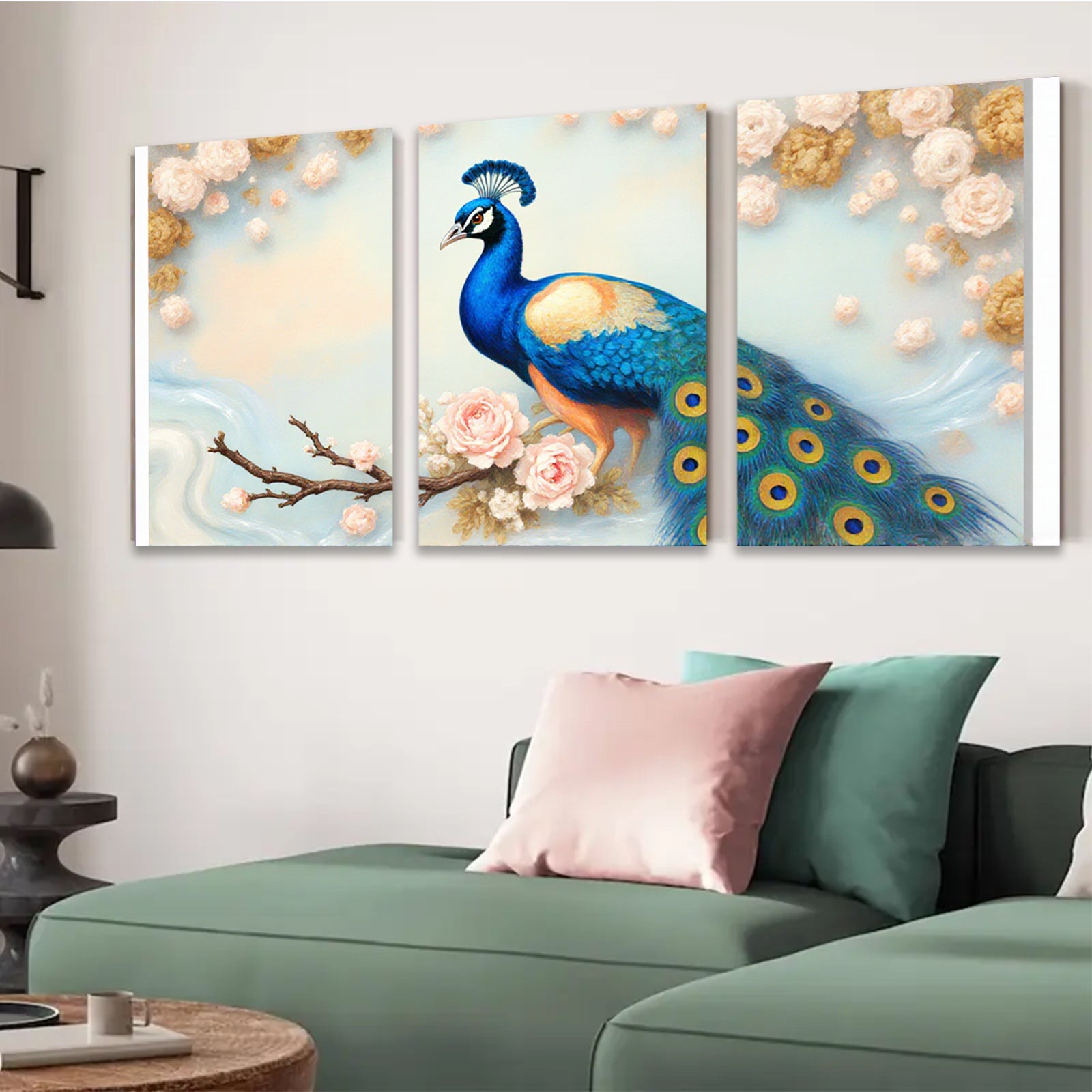 2D flat 1pc Majestic Peacock Blossom Branch Wall Art Decor Living Room Bedroom Canvas Print Home Office Modern Farmhouse Style Gallery Wrapped Ready Hang Teal Blue Gold