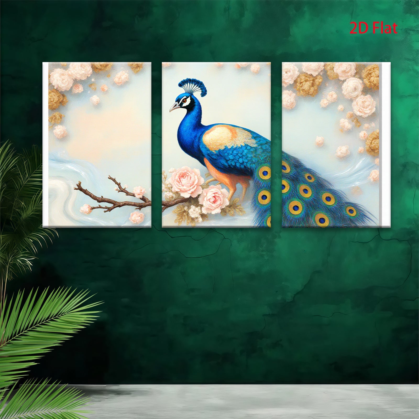 2D flat 1pc Majestic Peacock Blossom Branch Wall Art Decor Living Room Bedroom Canvas Print Home Office Modern Farmhouse Style Gallery Wrapped Ready Hang Teal Blue Gold