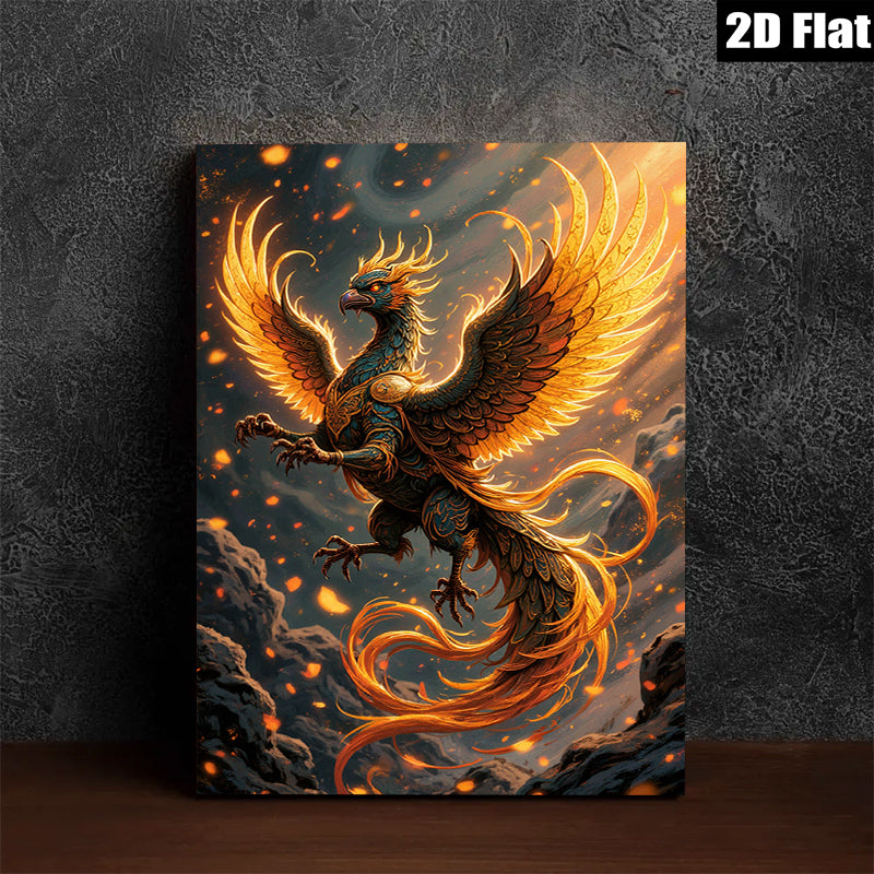 2D flat 1pc Majestic Phoenix Rising Firebird Wall Art Decor Living Room Bedroom Modern Canvas Prints Gallery Wrapped Teal Gold Accents