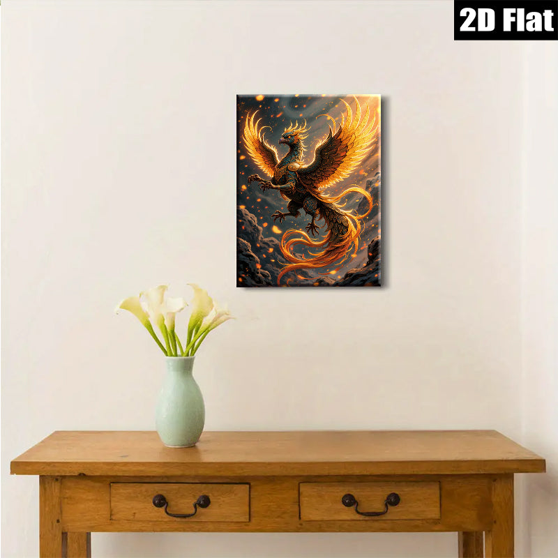2D flat 1pc Majestic Phoenix Rising Firebird Wall Art Decor Living Room Bedroom Modern Canvas Prints Gallery Wrapped Teal Gold Accents
