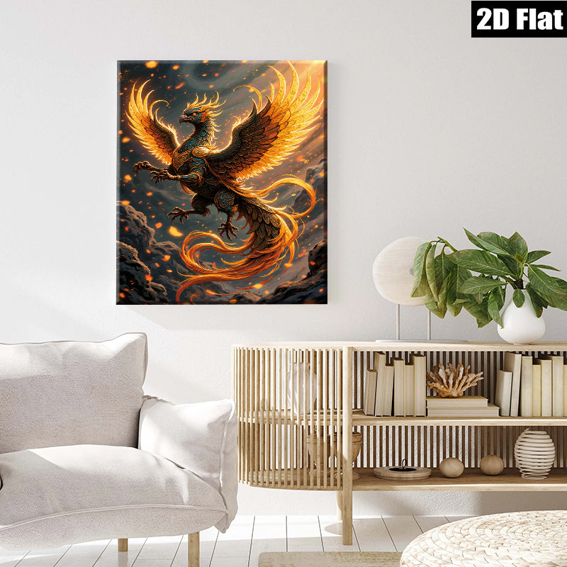 2D flat 1pc Majestic Phoenix Rising Firebird Wall Art Decor Living Room Bedroom Modern Canvas Prints Gallery Wrapped Teal Gold Accents