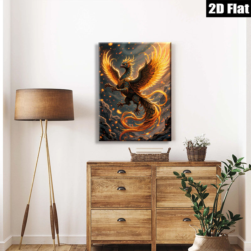 2D flat 1pc Majestic Phoenix Rising Firebird Wall Art Decor Living Room Bedroom Modern Canvas Prints Gallery Wrapped Teal Gold Accents