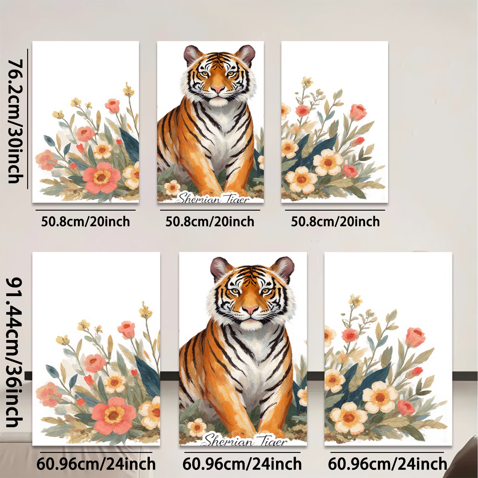 2D flat 1pc Majestic Tiger Blooms Floral Wall Art Living Room Bedroom Decor Modern Farmhouse Style Gallery Wrapped Canvas Prints Ready to Hang