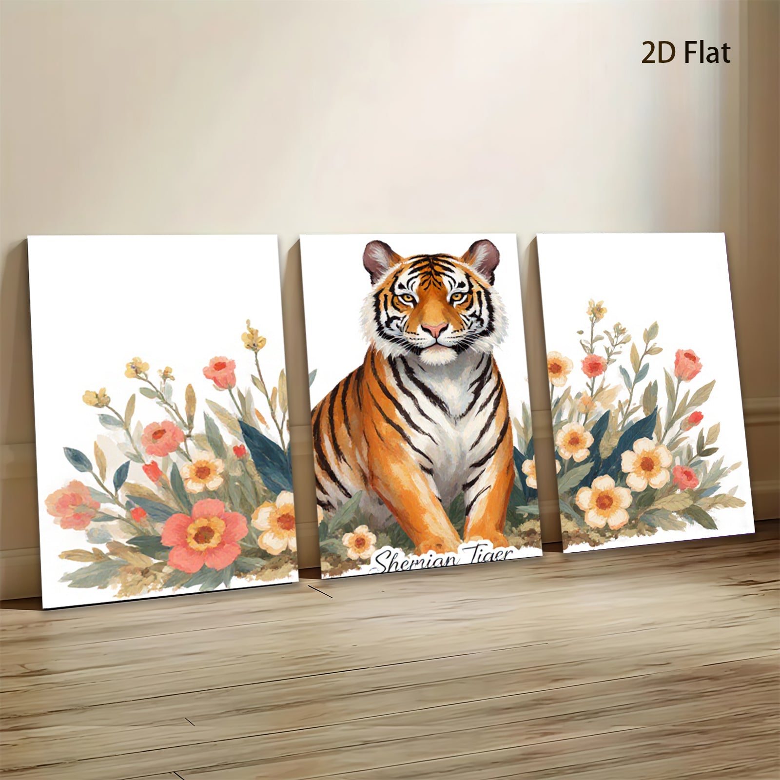 2D flat 1pc Majestic Tiger Blooms Floral Wall Art Living Room Bedroom Decor Modern Farmhouse Style Gallery Wrapped Canvas Prints Ready to Hang