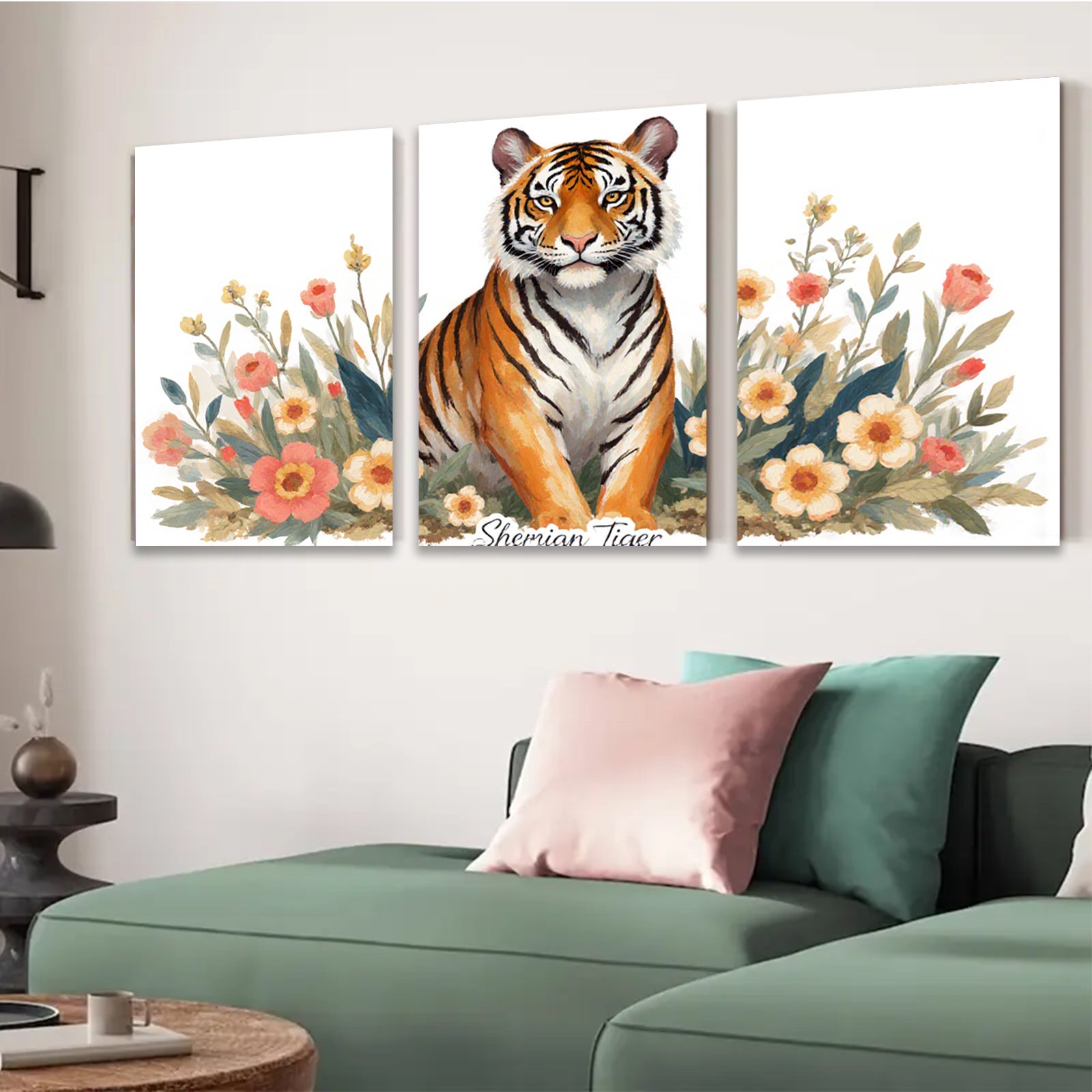 2D flat 1pc Majestic Tiger Blooms Floral Wall Art Living Room Bedroom Decor Modern Farmhouse Style Gallery Wrapped Canvas Prints Ready to Hang