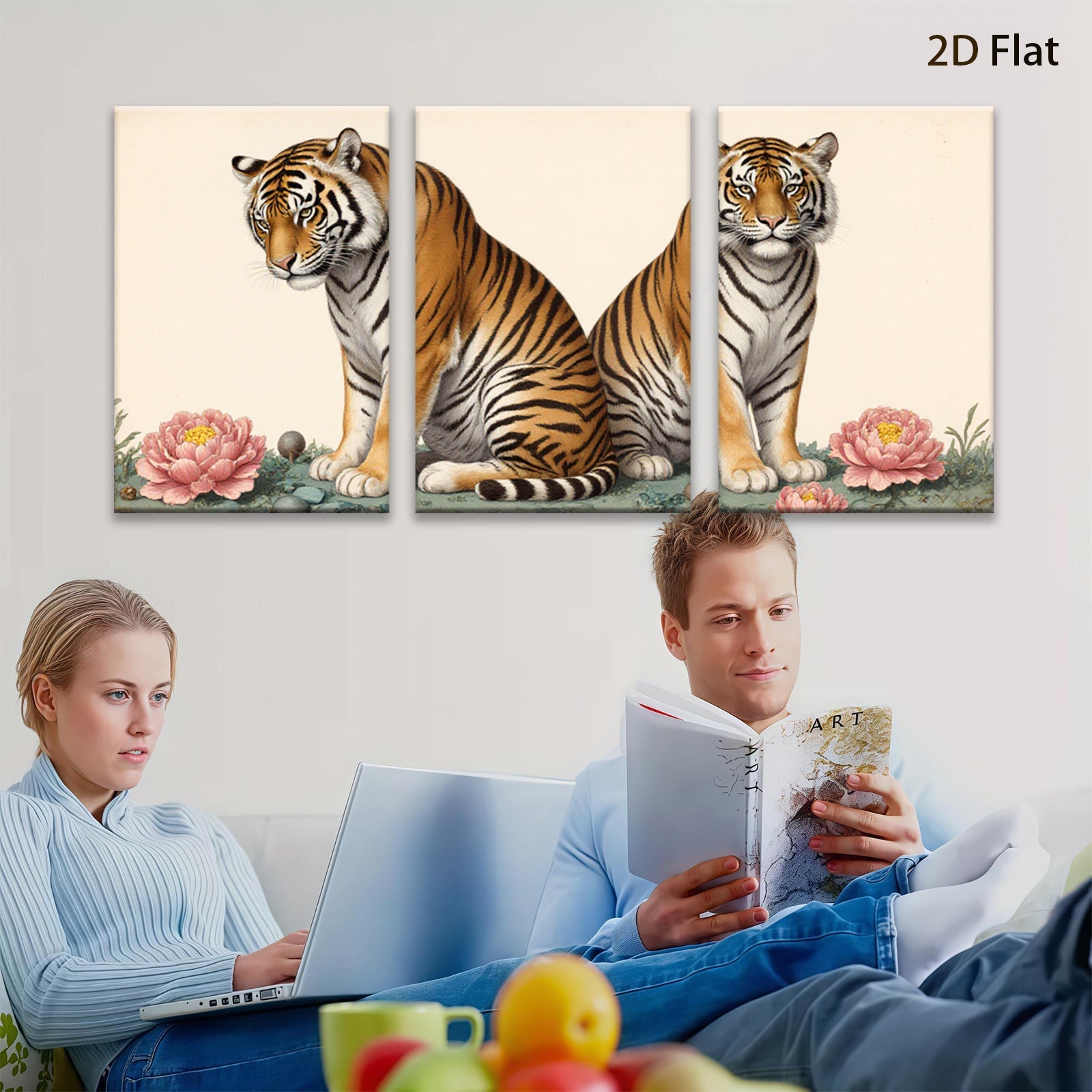 2D flat 1pc Majestic Tiger Pair Floral Background Living Room Bedroom Gallery Wall Art Decor Modern Farmhouse Rustic Chic Canvas Print