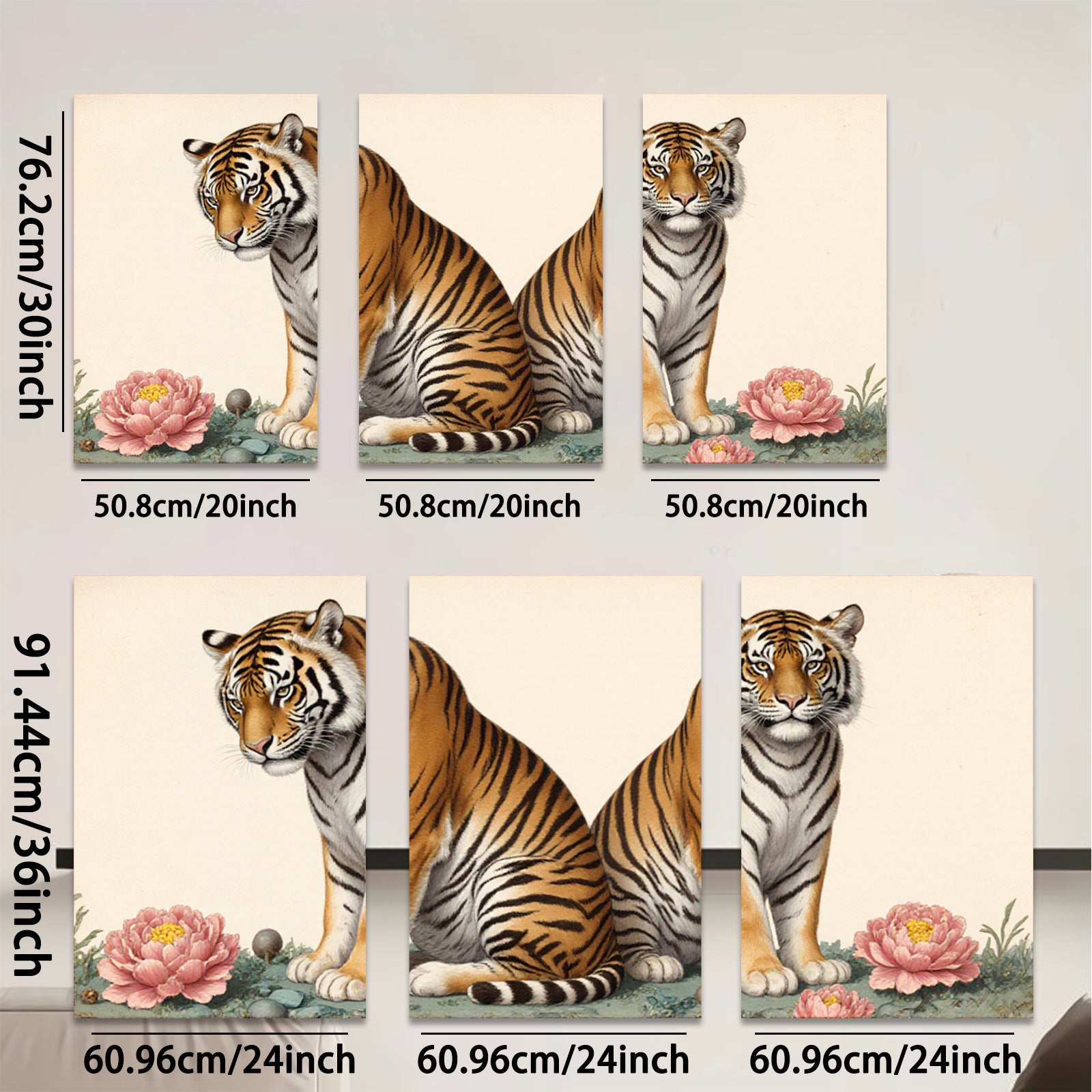 2D flat 1pc Majestic Tiger Pair Floral Background Living Room Bedroom Gallery Wall Art Decor Modern Farmhouse Rustic Chic Canvas Print