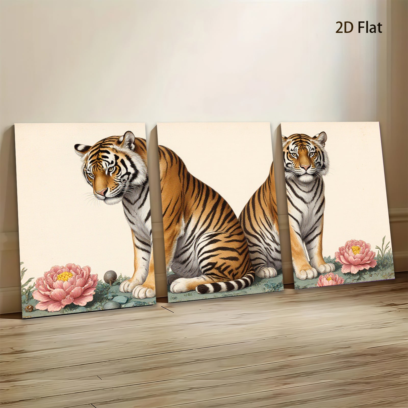 2D flat 1pc Majestic Tiger Pair Floral Background Living Room Bedroom Gallery Wall Art Decor Modern Farmhouse Rustic Chic Canvas Print