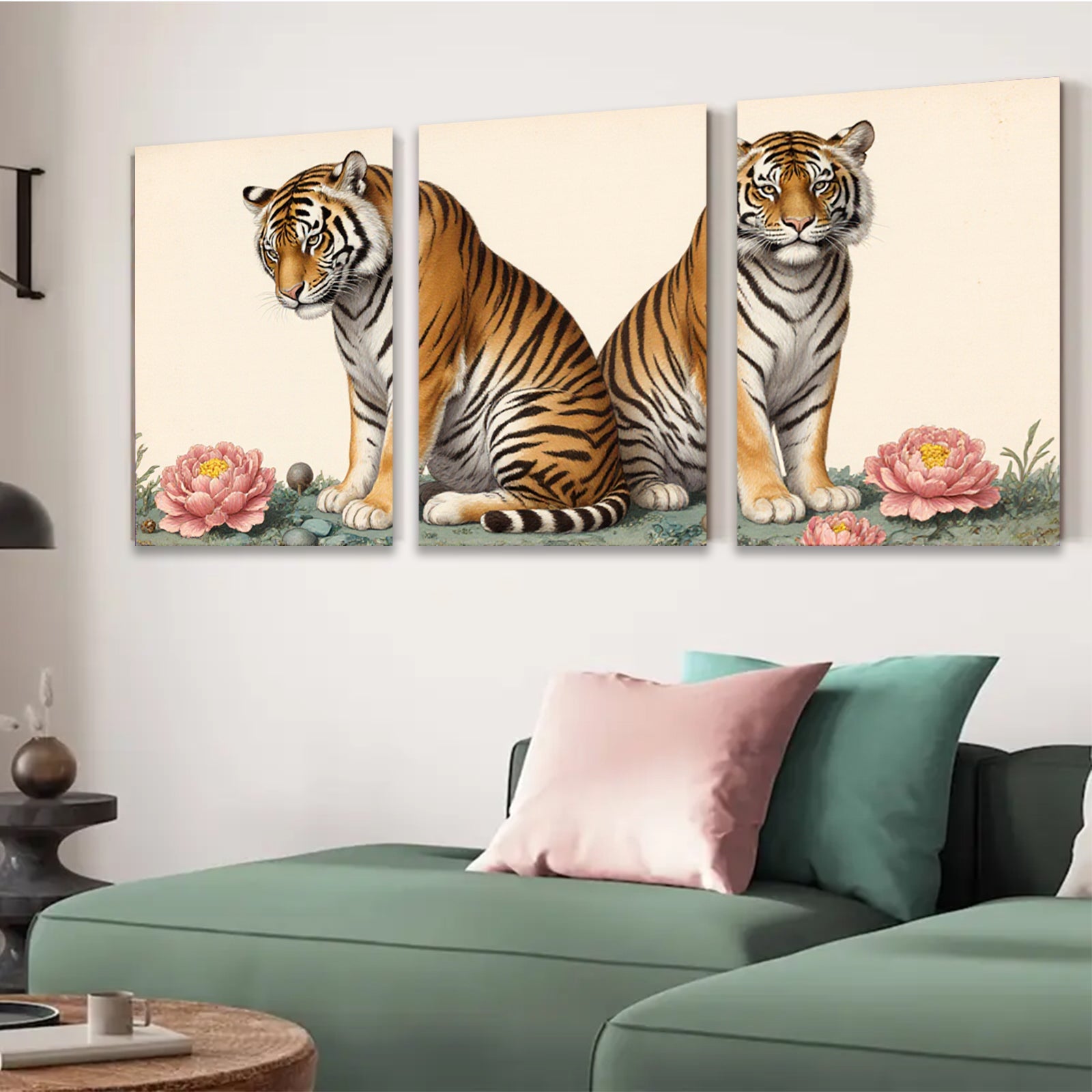 2D flat 1pc Majestic Tiger Pair Floral Background Living Room Bedroom Gallery Wall Art Decor Modern Farmhouse Rustic Chic Canvas Print