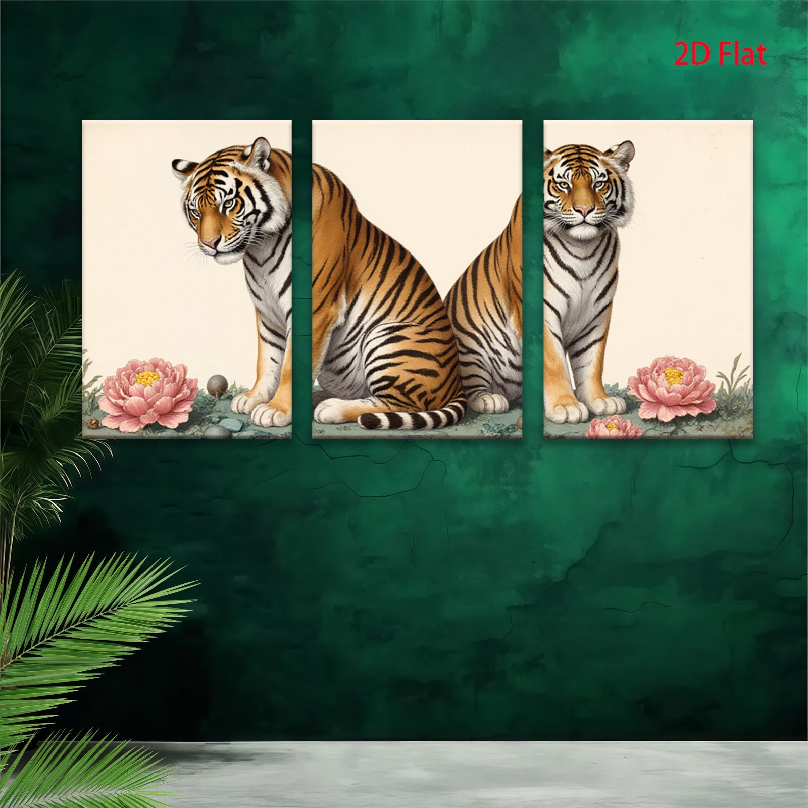 2D flat 1pc Majestic Tiger Pair Floral Background Living Room Bedroom Gallery Wall Art Decor Modern Farmhouse Rustic Chic Canvas Print